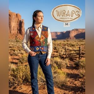 Vintage Wraps Southwest Tribal Tapestry Pattern Vest with Conchos